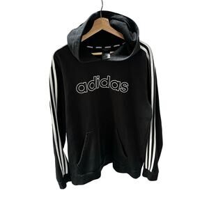 Vintage Adidas Black and White Striped Hoodie- Black Men's Size Large
